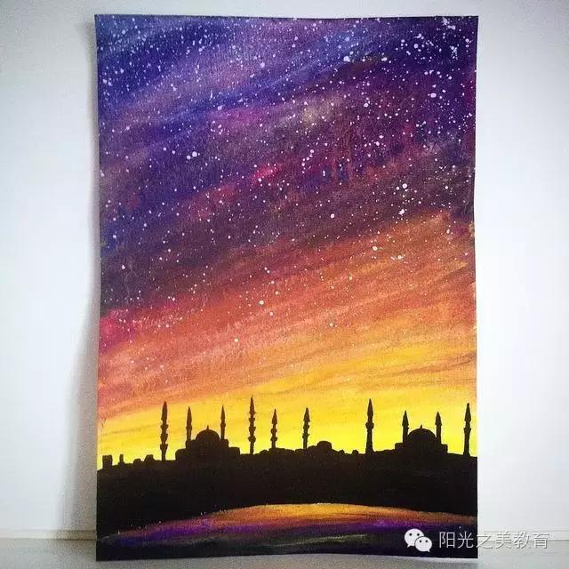 漂亮的水彩星空,冷色系的水彩星空简单