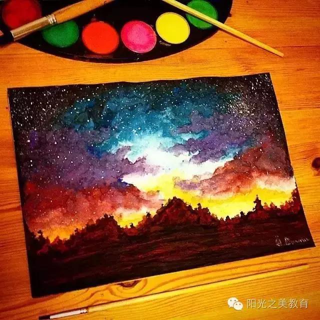 漂亮的水彩星空,冷色系的水彩星空简单