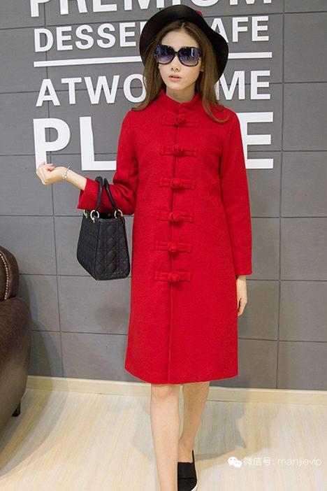 纯棉加绒加厚连帽中长外套 (红色羊角扣毛呢夹棉外套)