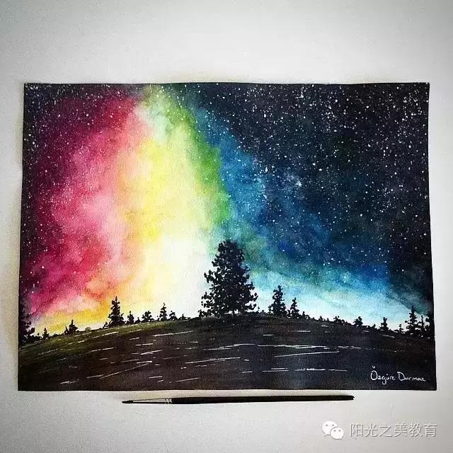 漂亮的水彩星空,冷色系的水彩星空简单