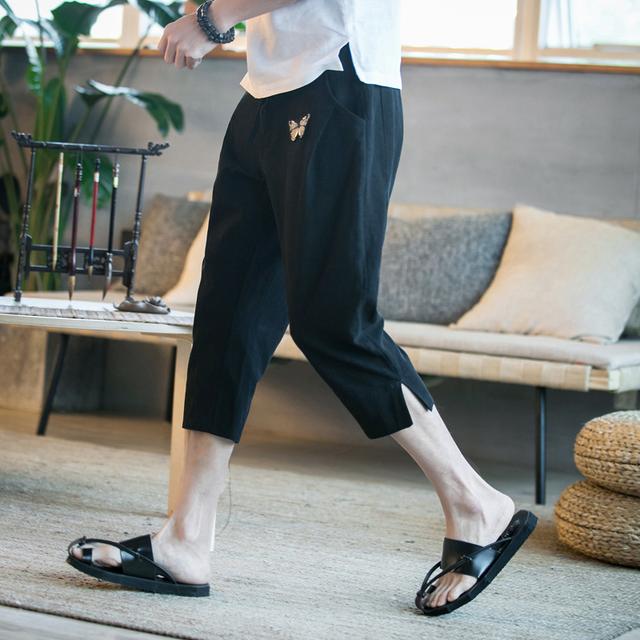 女士牛仔七分中裤哈伦萝卜裤,亚麻休闲民族风哈伦裤