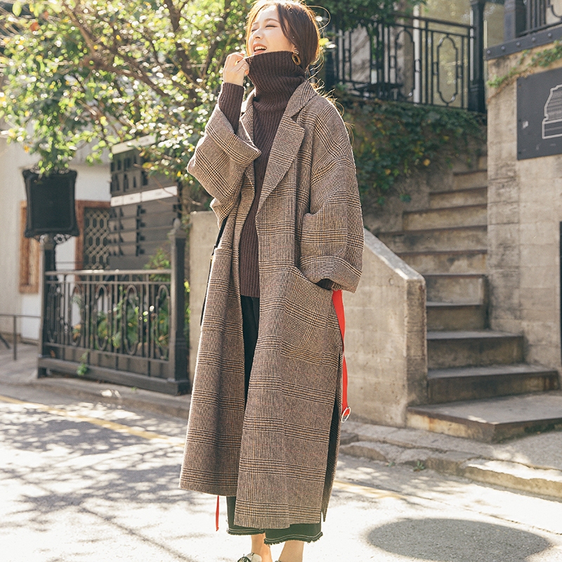 韩国双面羊毛格子中长款,韩国双面羊绒长款大衣搭配法
