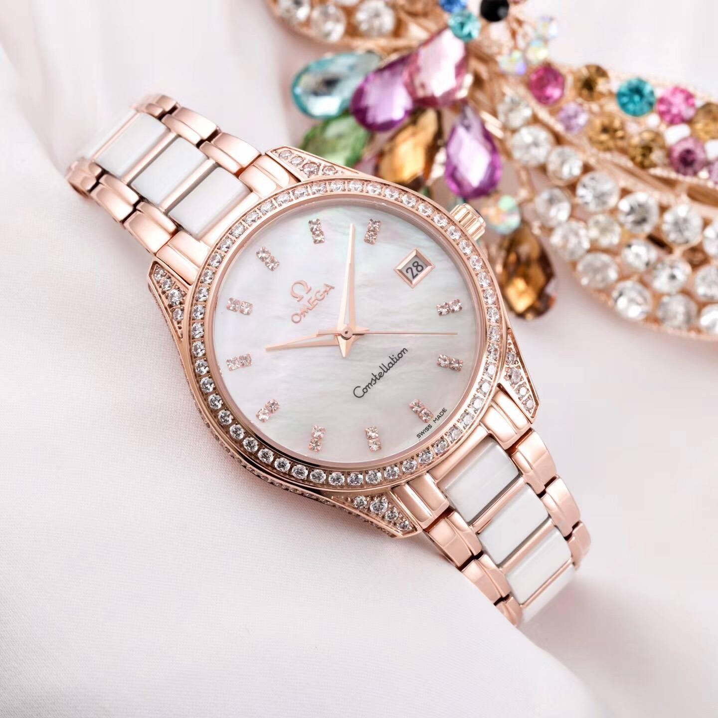 欧米茄omega星空镶钻腕表,女神专属轻奢镶钻陶瓷腕表