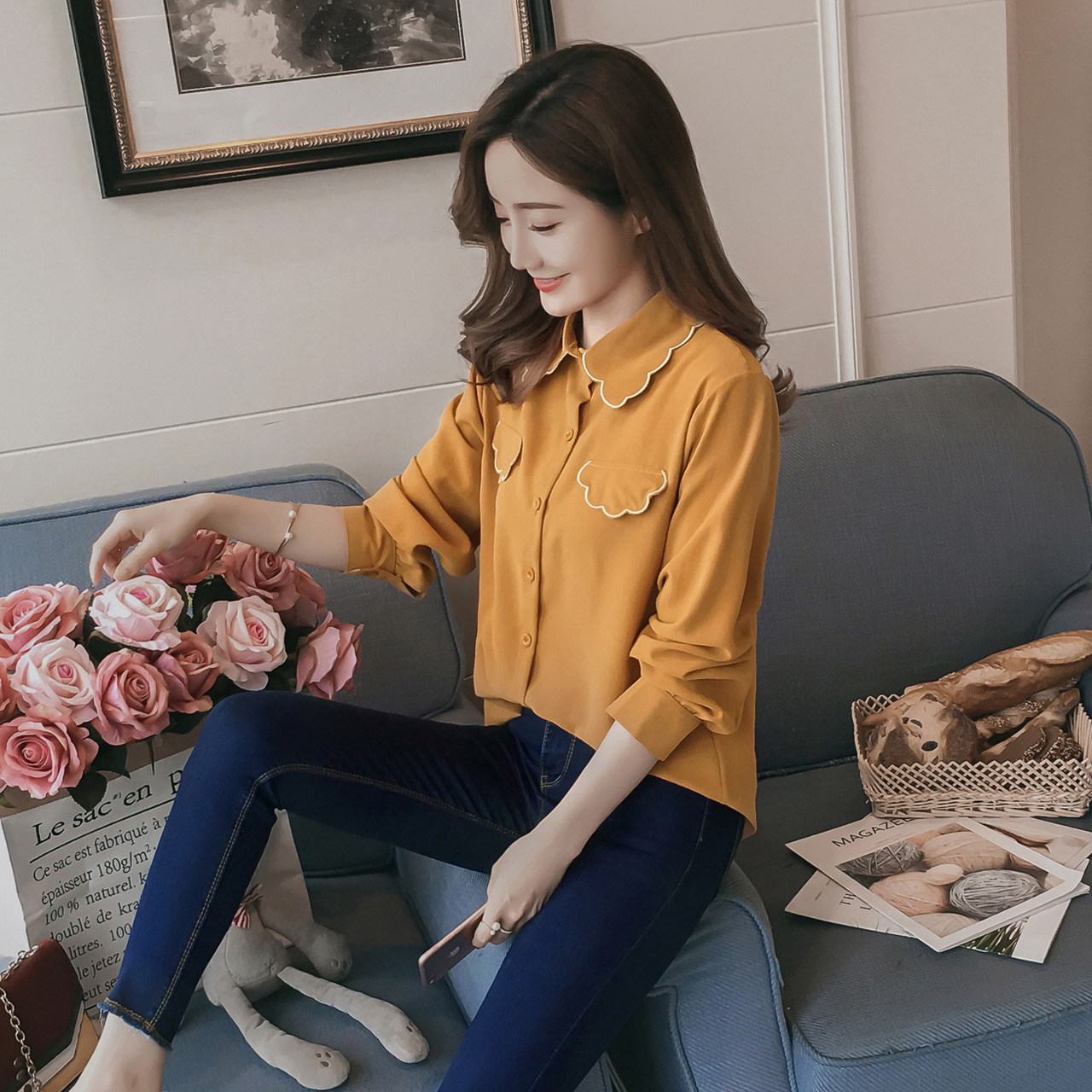 新款时尚休闲韩版翻领长袖衬衫,镂空绣花韩版潮流七分袖衬衫