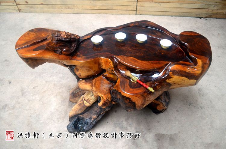 鸡翅木根雕茶台翻新完工,实木树根雕茶几