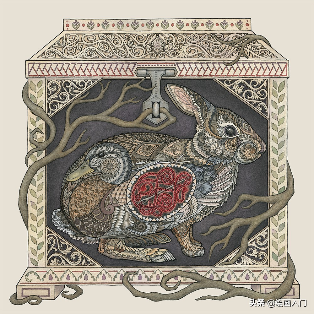 水彩画插画小图案动物,复古气息的几何图形插画