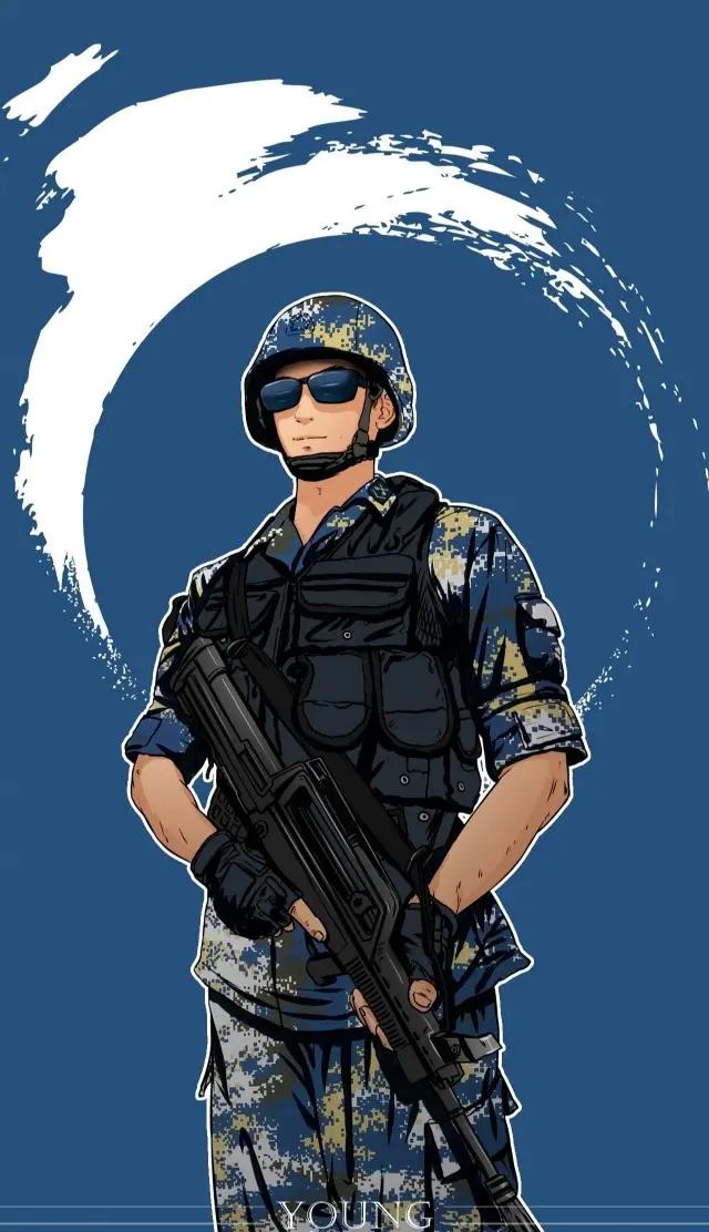 致边防军人的插画,军人和国旗插画