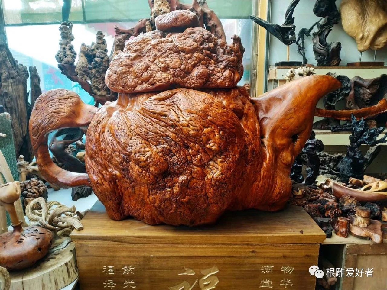 根雕茶壶作品图片,根雕艺术品长嘴茶壶