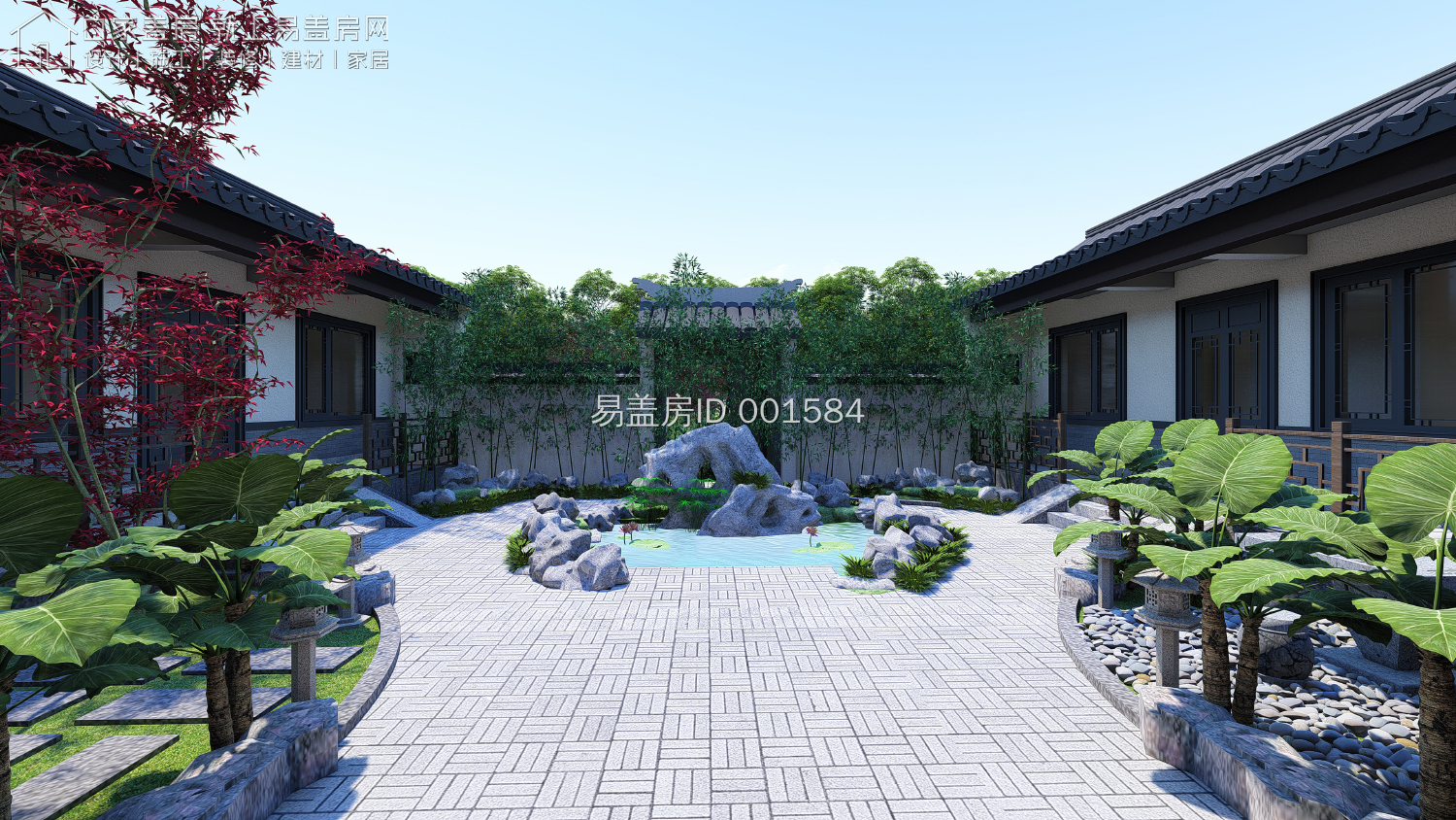 农村现代5套单层三合院,15米宽20米长中式合院图纸