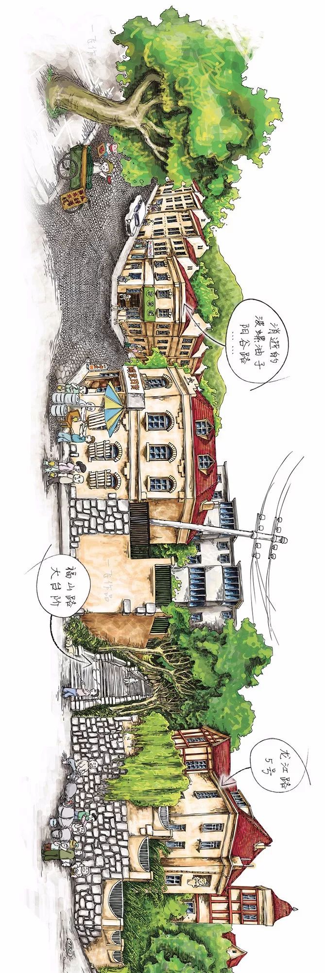 手绘青岛中山路游览图,手绘青岛建筑效果图