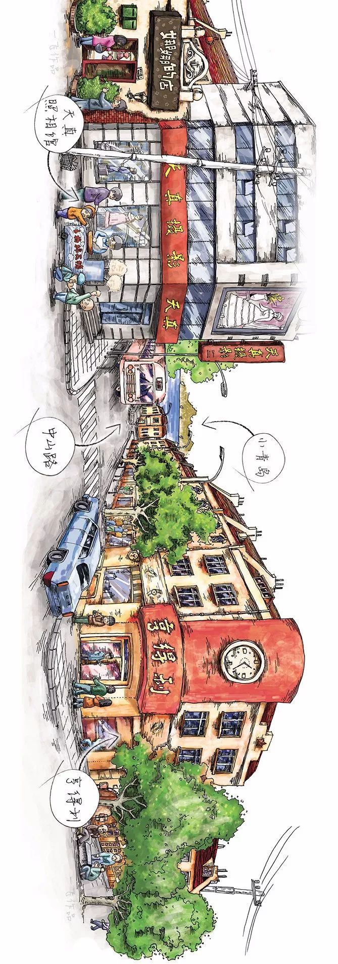 手绘青岛中山路游览图,手绘青岛建筑效果图