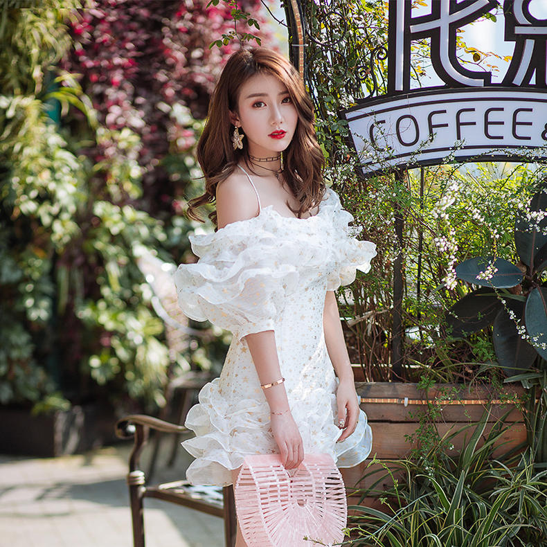新款蕾丝镂空荷叶边连衣裙雪纺衫,高级感小众荷叶边连衣裙子设计感