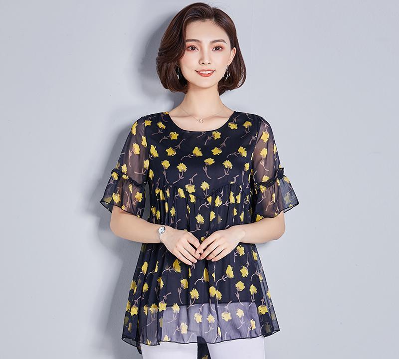 适合胖子穿的夏季雪纺衫成熟风,雪纺衫上衣新款中年女士遮肉