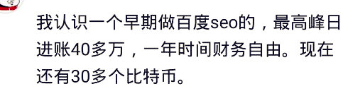 我认识一最早做seo的，最高日入40多万，一年时间财务自由