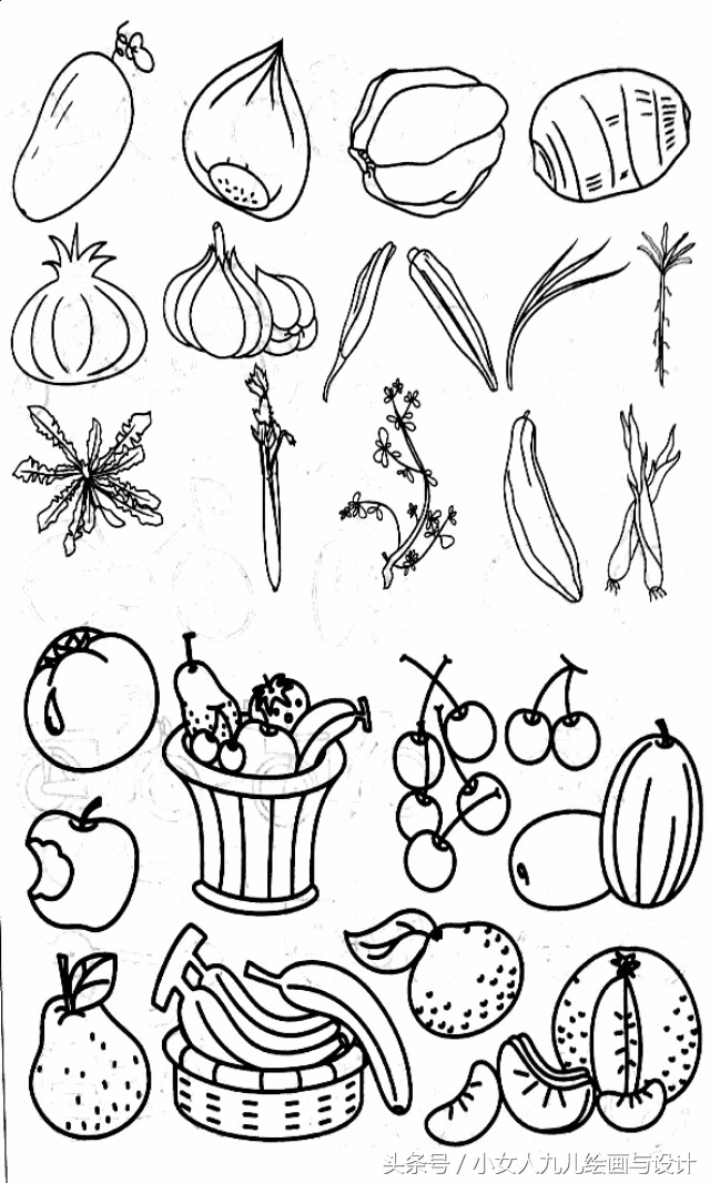 水果蔬菜简笔画线描组合,五六月应季水果和蔬菜简笔画
