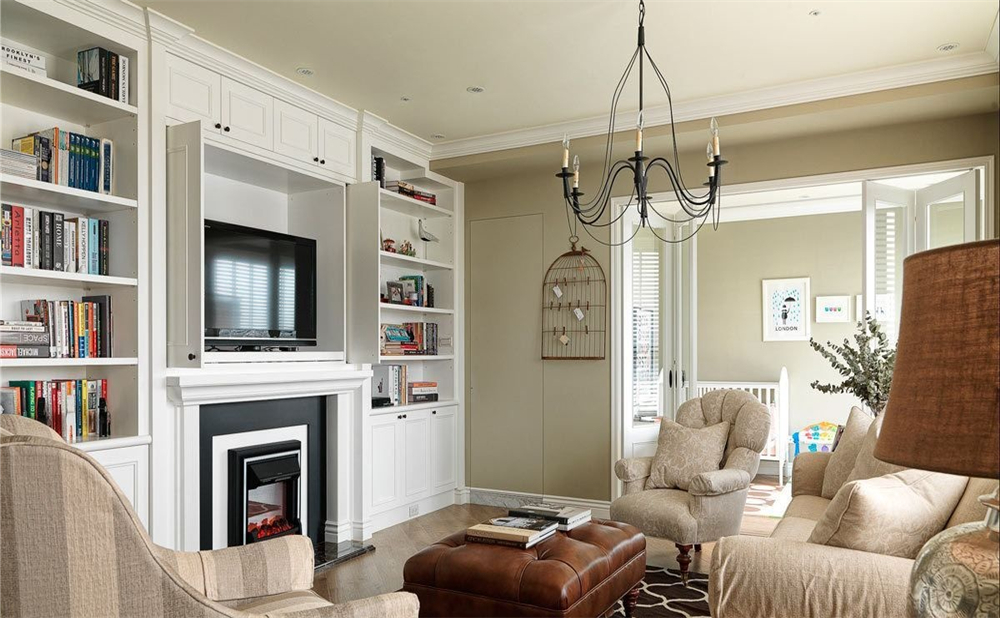 长方形客厅沙发储物柜设计效果图,客厅靠墙柜子储物柜宽1.2米暖白色