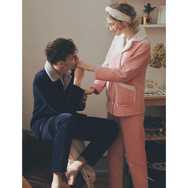 情侣睡衣秋冬珊瑚绒夹棉套装韩版家居服男纯棉长袖100%全棉加厚女