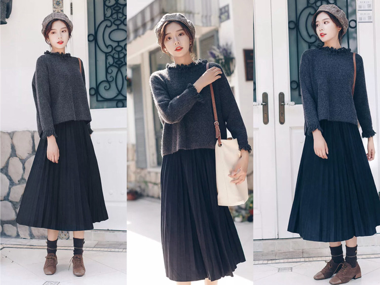 灰色毛衣白色半身长裙,毛衣半身长裙搭配