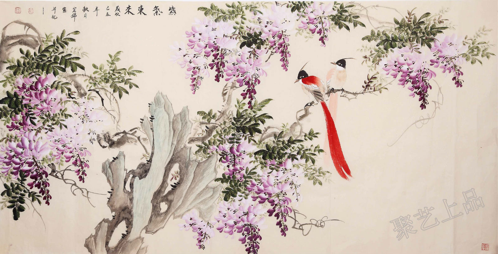 国画花开富贵寓意,紫气东来紫藤客厅挂画寓意