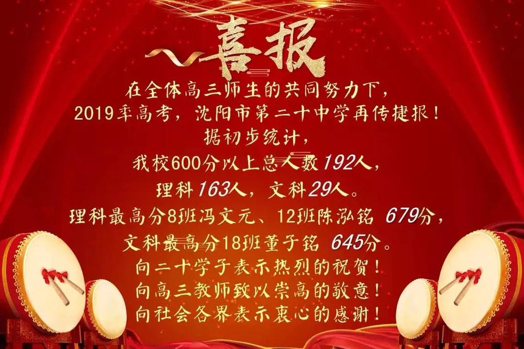 2019年沈阳市高中600分以上人数及各校高考喜报汇总（转）