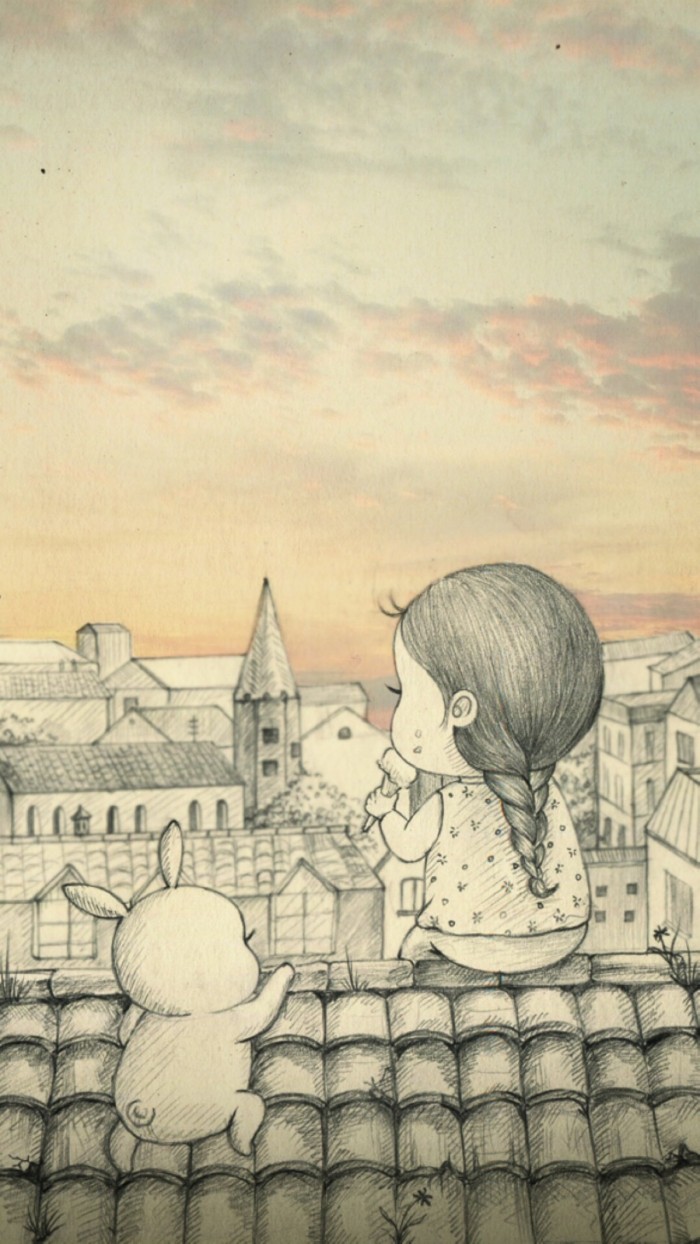 少女与兔子插画,兔子手绘创意插画