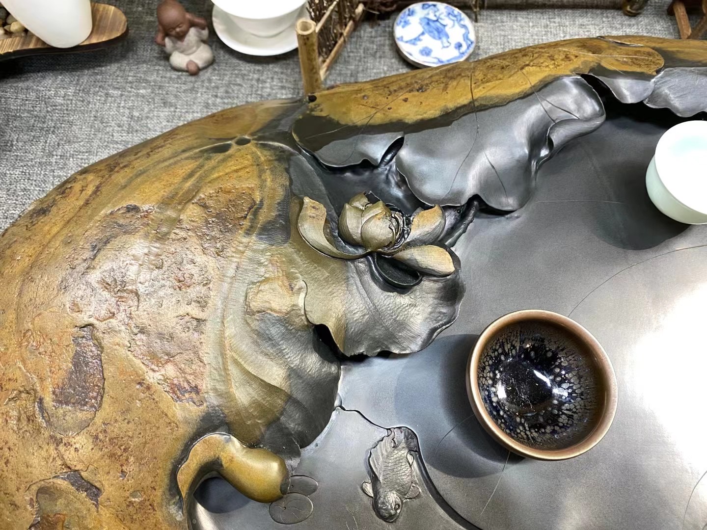 用石头雕茶盘,石头茶盘制作底下可养鱼