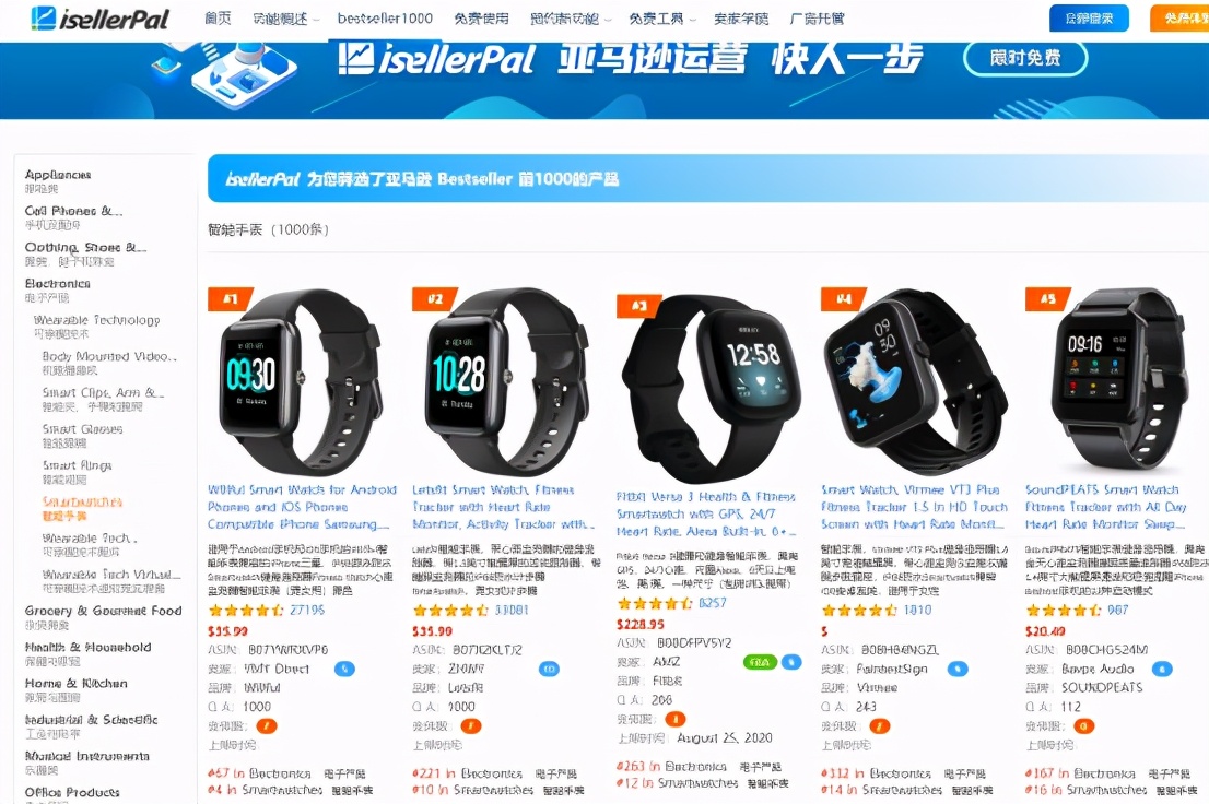 亚马逊智能手表出货排行,亚马逊产品前100名销量怎样查询