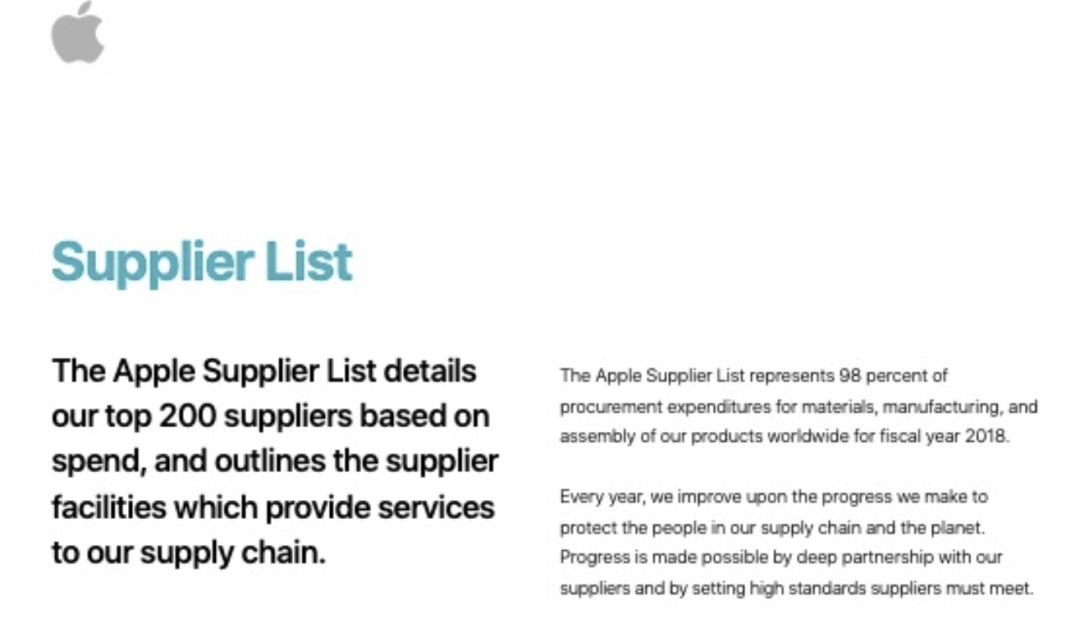 苹果发布全球200大供应商名单,2019苹果前200名供应商