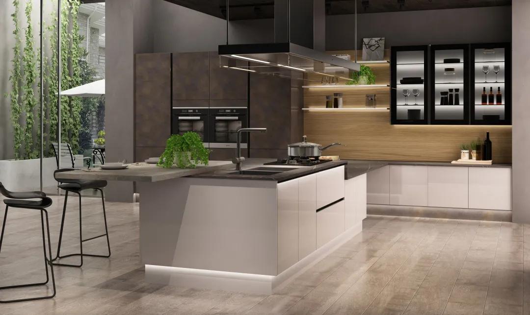 厨房直角吧台和推拉门一体效果图,厨房吧台极简设计效果图最新款