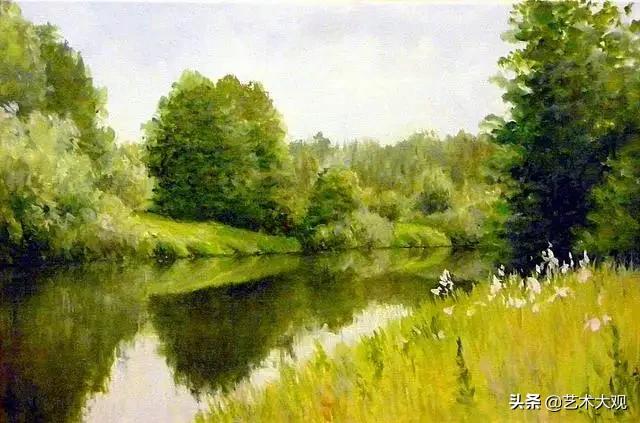 美丽又简单的远山倒影油画,风景优美的小河油画