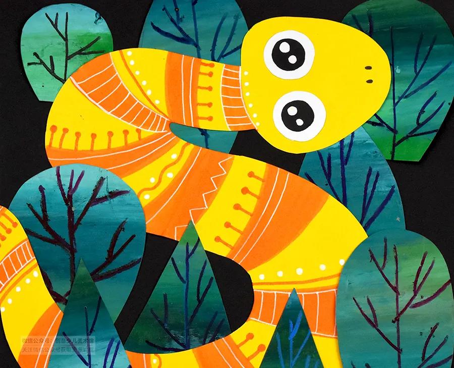 卡纸拼贴画小蛇,儿童画教程创意植物