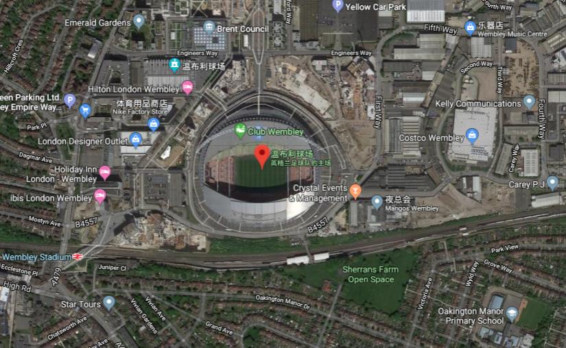 伦敦的著名足球场,用谷歌地图看地方