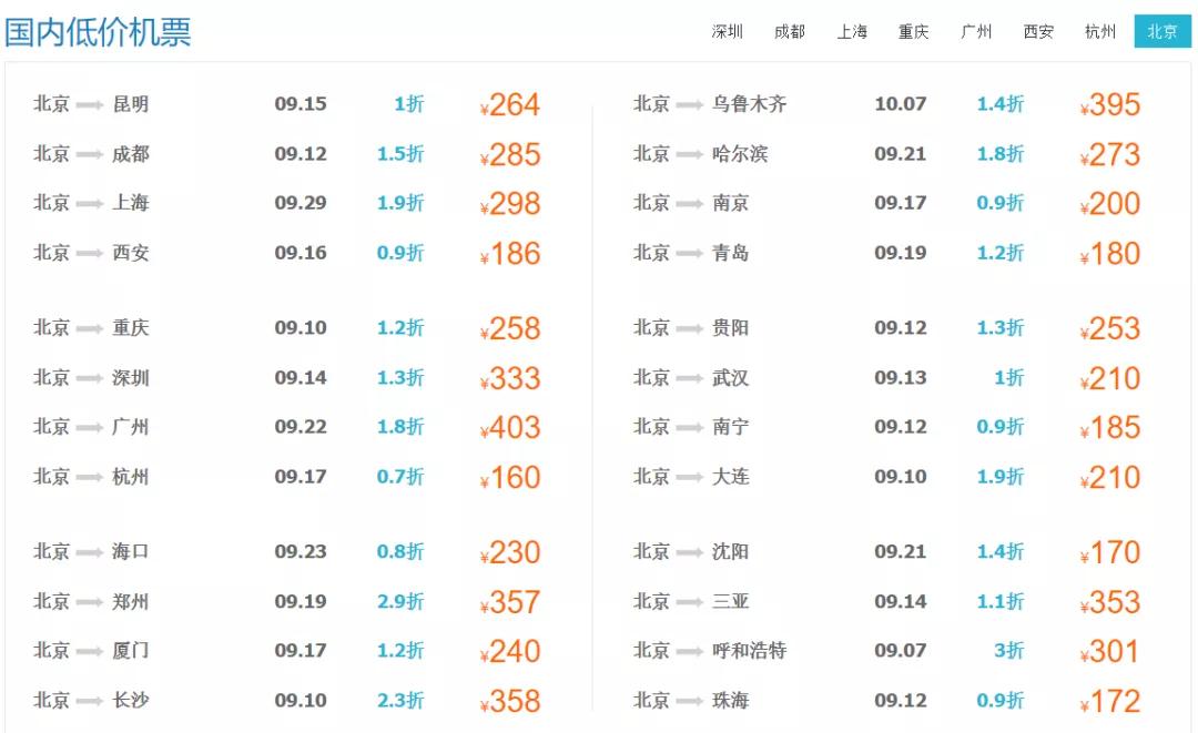 2020年九月份特价机票,11月北京特价机票
