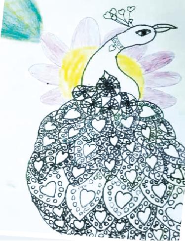 孔雀线描小学生一等奖画大全,黑色卡纸高光笔线描创意画孔雀