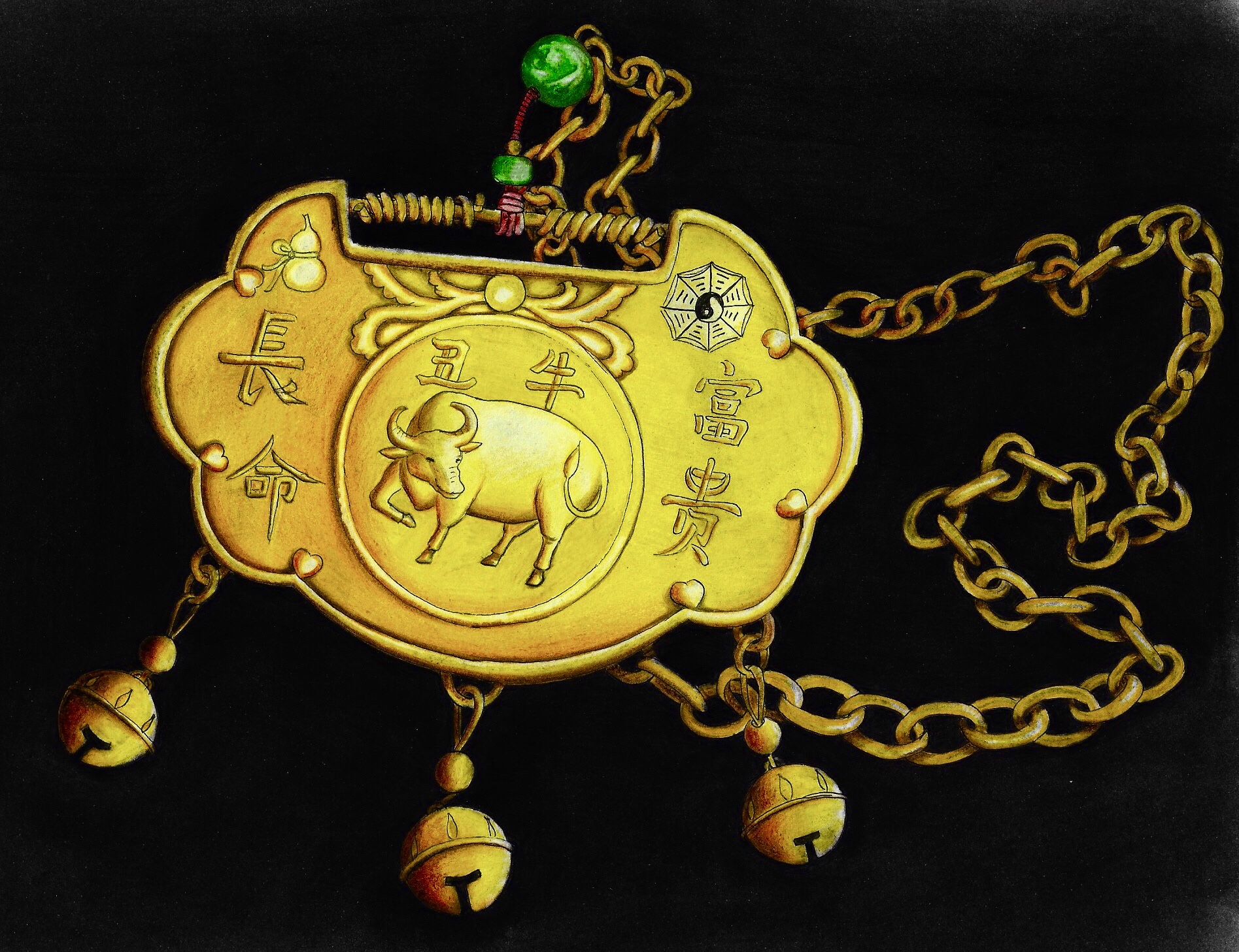 长命锁手绘,长命锁简笔画作品