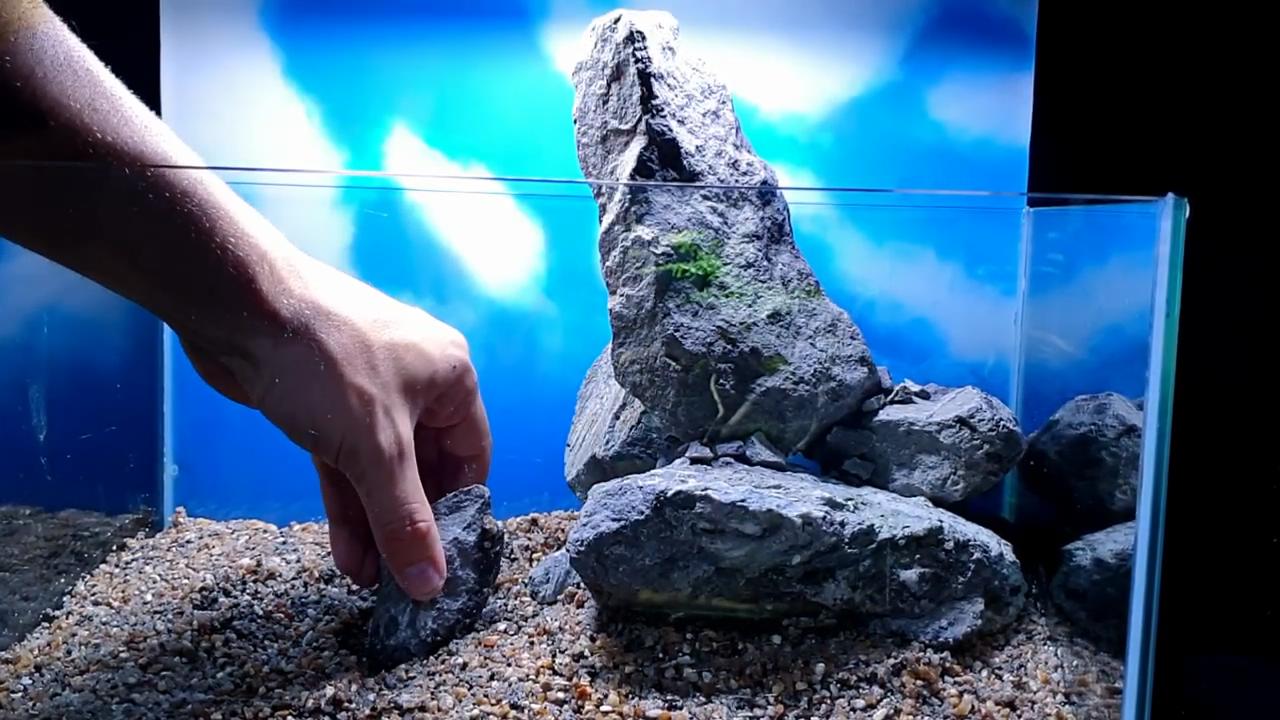 石头观赏鱼缸建造图,4块石头造景20缸