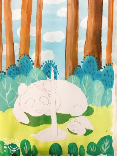 小熊美术水粉创意画,熊猫水粉画儿童画