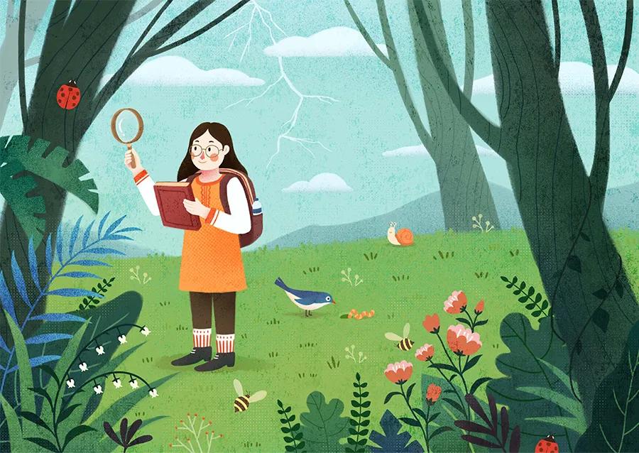 春天题材的儿童画人物图,儿童画卡通人物可爱简单