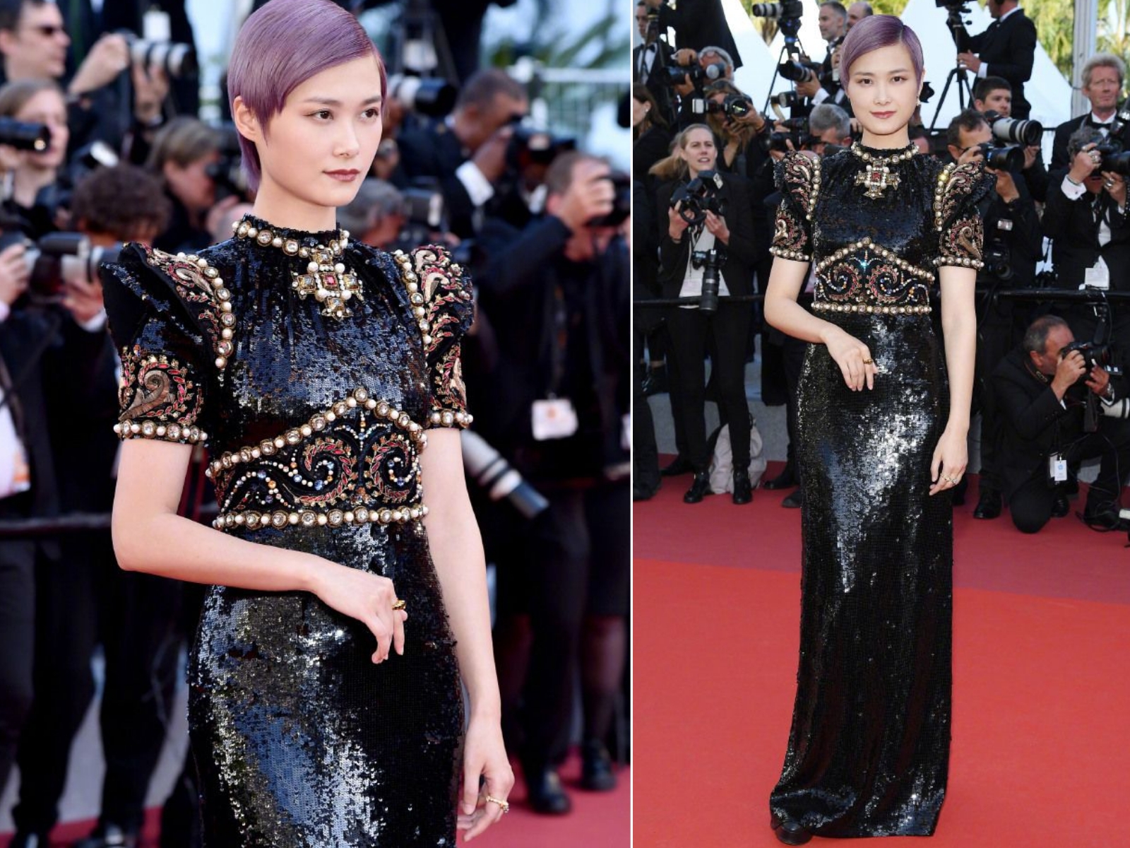 李宇春戛纳红毯黑白套装,李宇春穿高定礼服照