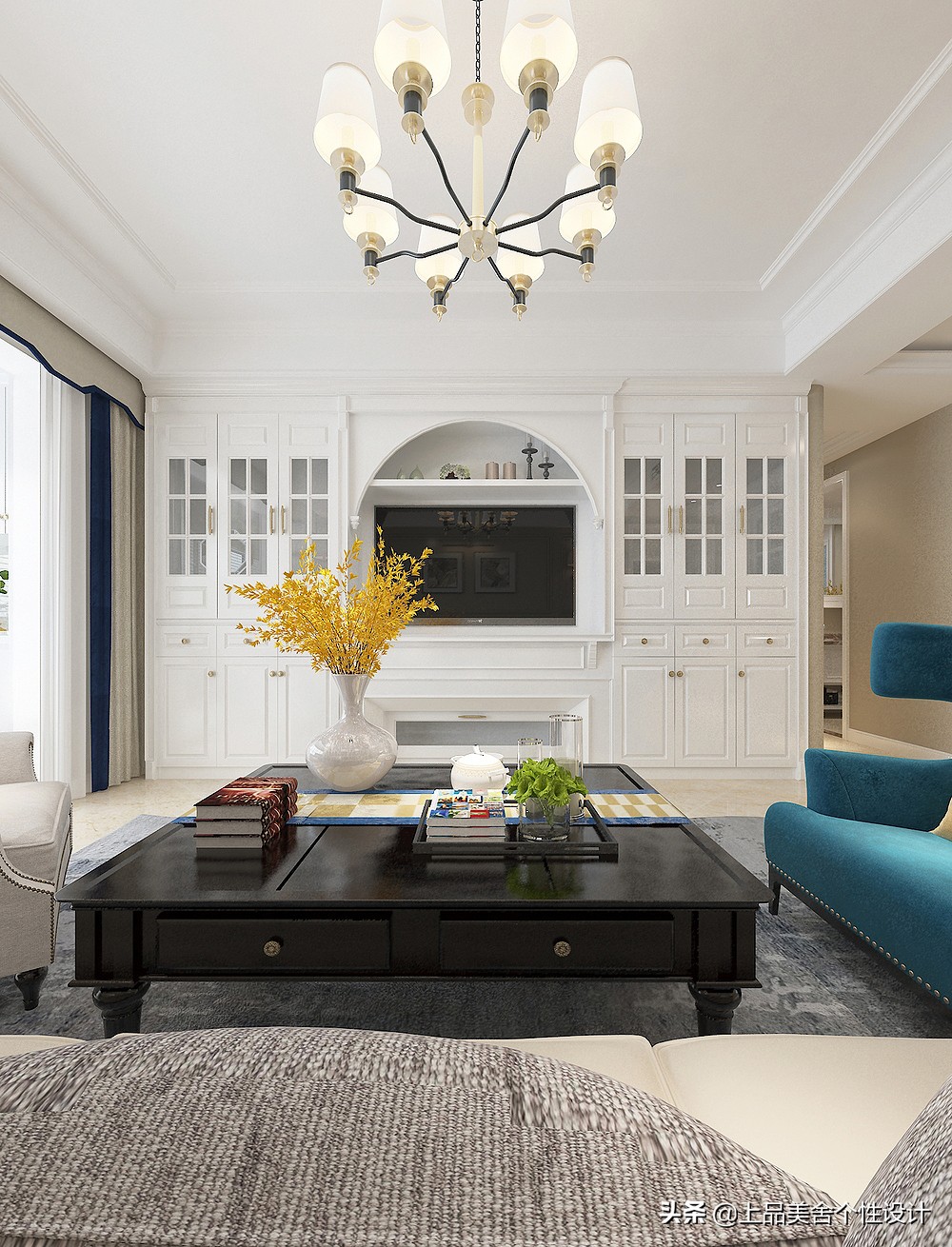 118平米美式风格，整面墙的电视柜大大提升了收纳空间