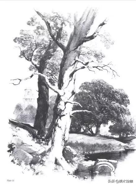 素描风景临摹高清大图简单范本,有山有水有倒影的素描风景图