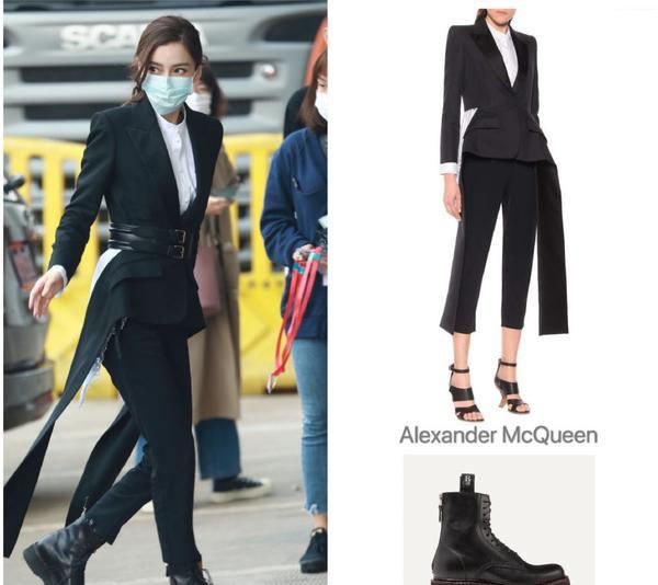 angelababy迪拜路透高定,angelababy黑色西装加腰带