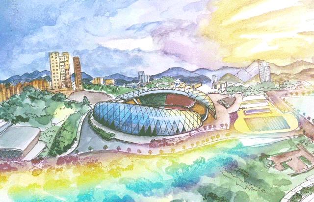 手绘贵阳城市,贵阳体育馆全景图