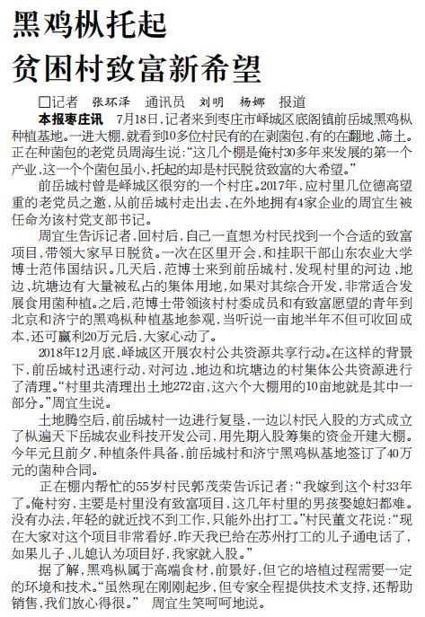 【聚焦】《大众日报》刊发峄城区底阁镇前岳城村探索集体经济发展新路径——黑鸡枞托起贫困村致富新希望