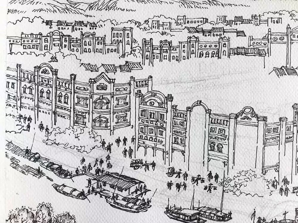 骑楼老街美景图,骑楼手绘图