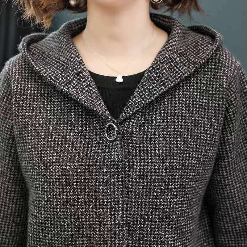 2020羊毛针织韩版大衣，系带洋气外套千鸟格，大码中老年大衣