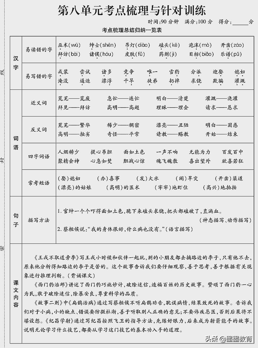 四年级语文全册知识点整理,四年级语文单元复习资料