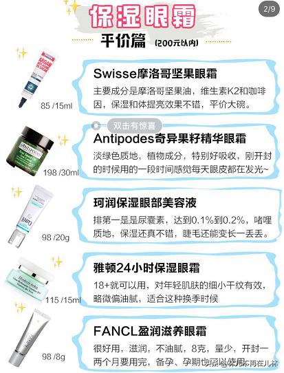 眼霜大全100种,眼霜热门功效测评图表大全
