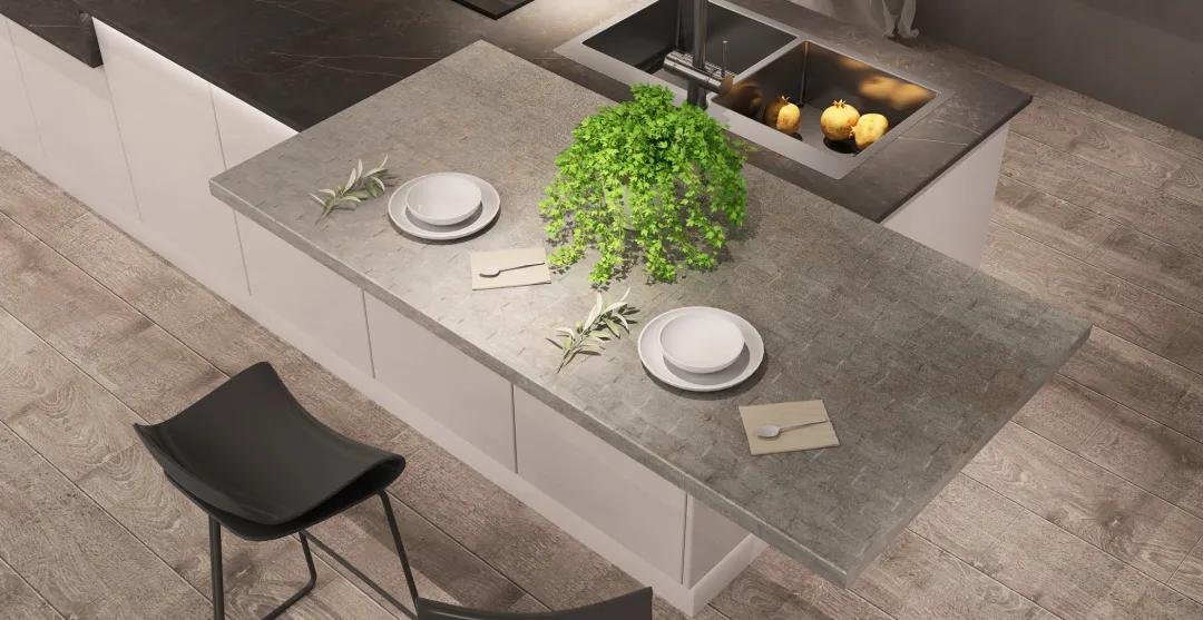 厨房直角吧台和推拉门一体效果图,厨房吧台极简设计效果图最新款