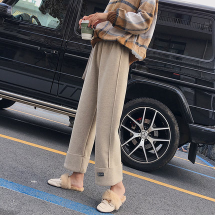 秋冬毛呢格纹阔腿裤,窄版黑色呢子阔腿裤秋季穿搭